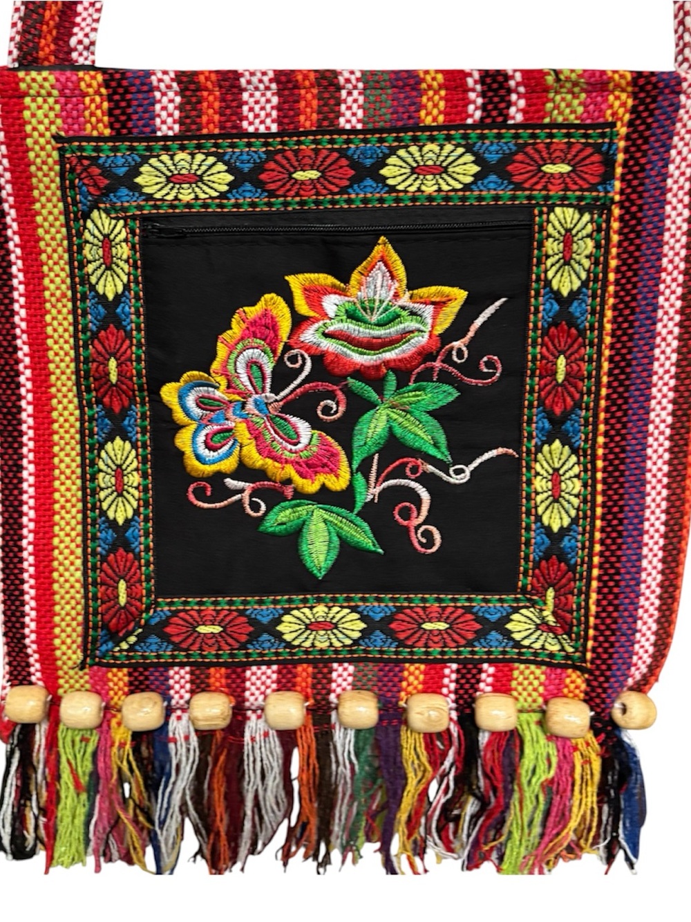Handmade Embroidered Beaded Tassel Fringe Crossbody Zipper Closure Flower Stripe